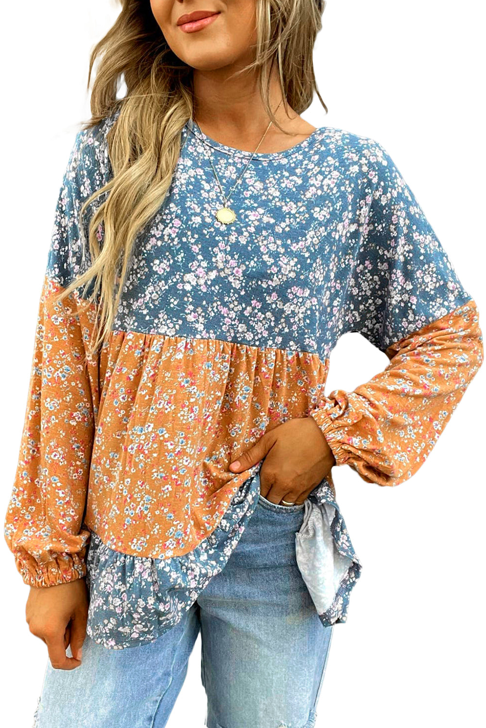 Ditsy Floral Ruffle Hem Long Sleeve Top