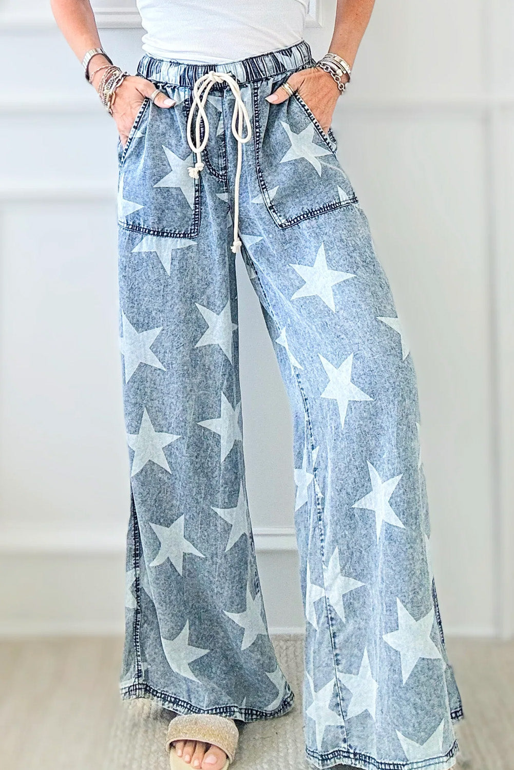 Light Blue Star Print Drawstring Wide Leg Jeans