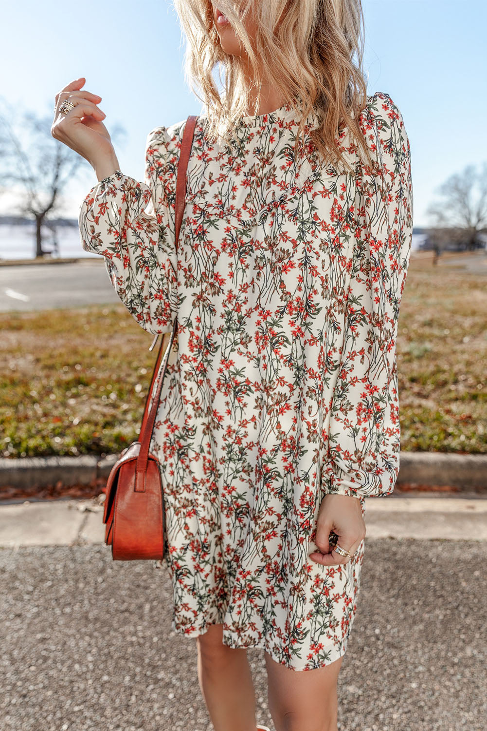 White Floral Printed Long Sleeve Dress