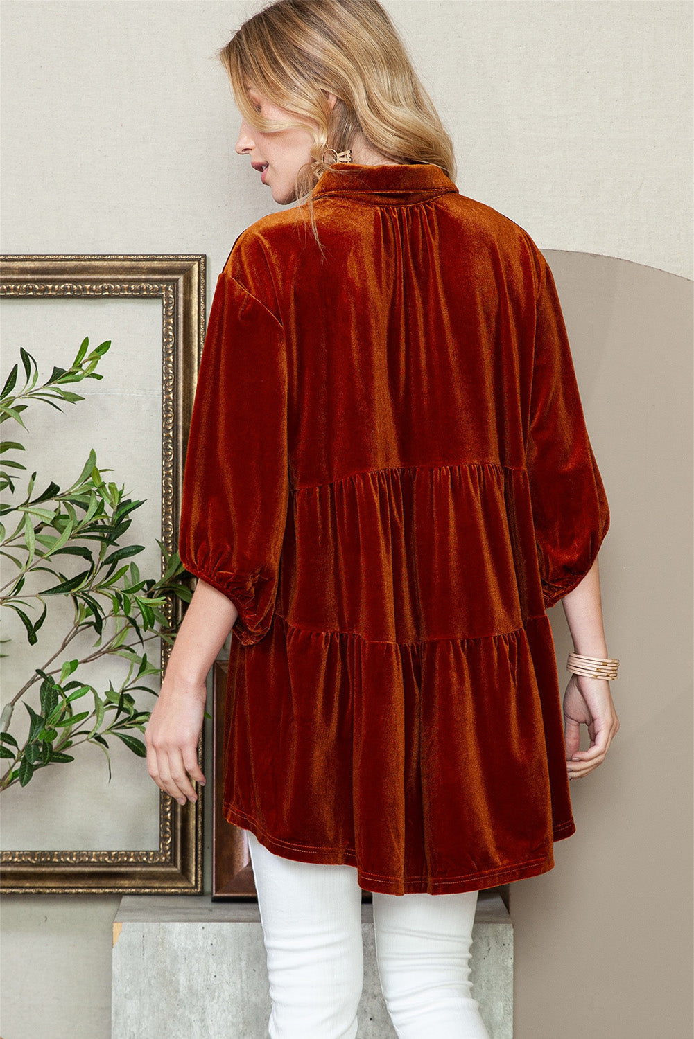 Lantern Sleeve Tunic Babydoll Velvet Shirt