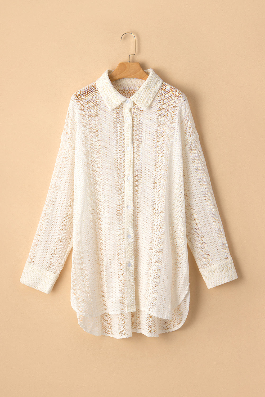 Beige Lace Crochet Collared Button Up Oversized Shirt