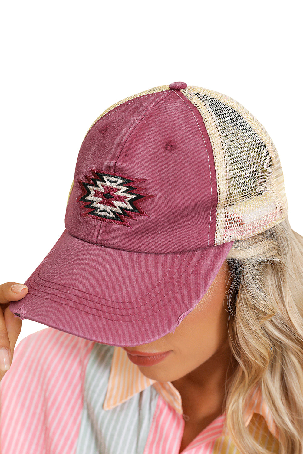 Coral Geometric Distressed Baseball Cap