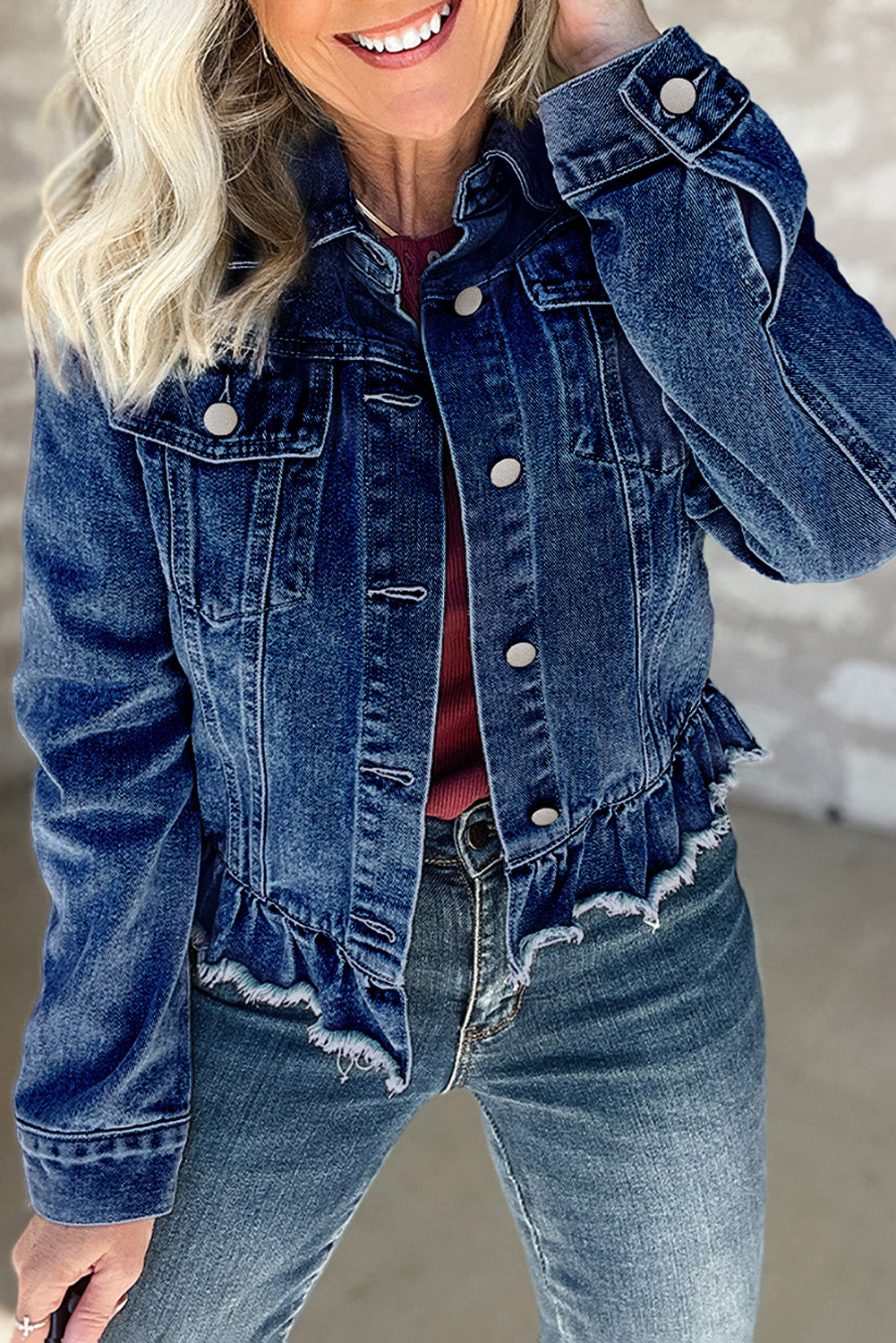 Ruffle Raw Hem Denim Jacket