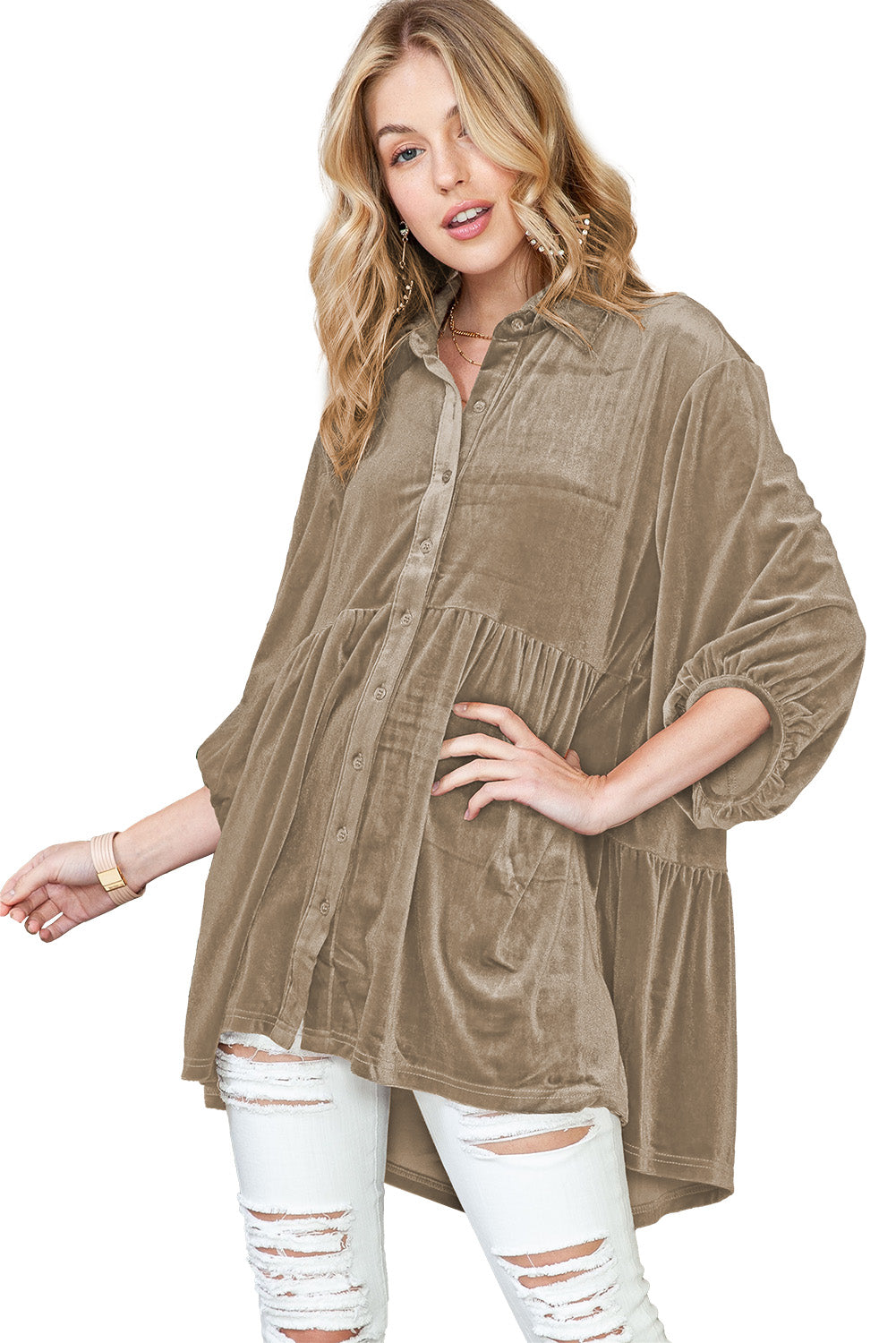 Lantern Sleeve Tunic Babydoll Velvet Shirt