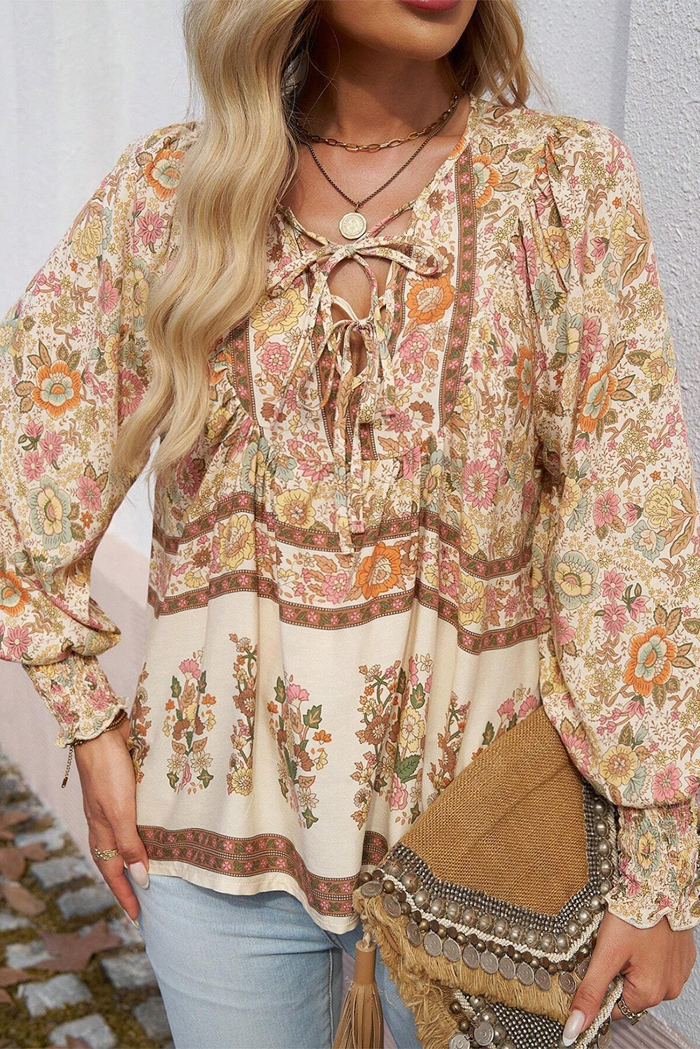 Floral Print Tie Neck Lantern Sleeve Blouse