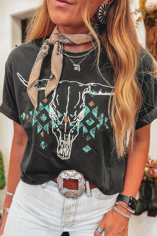 Grey Western Bull Skull T Shirt