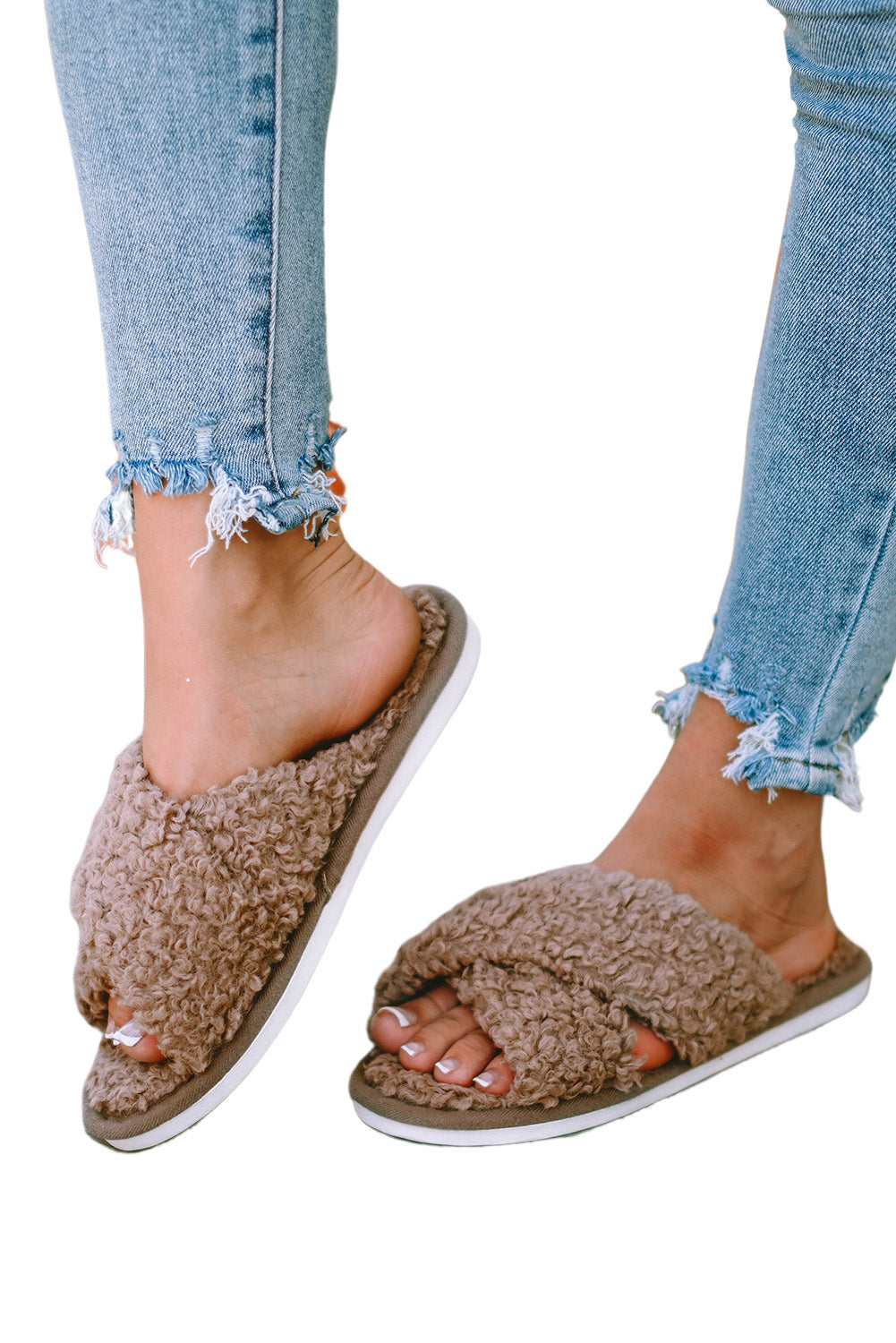 Brown Fuzzy Slipper Slides