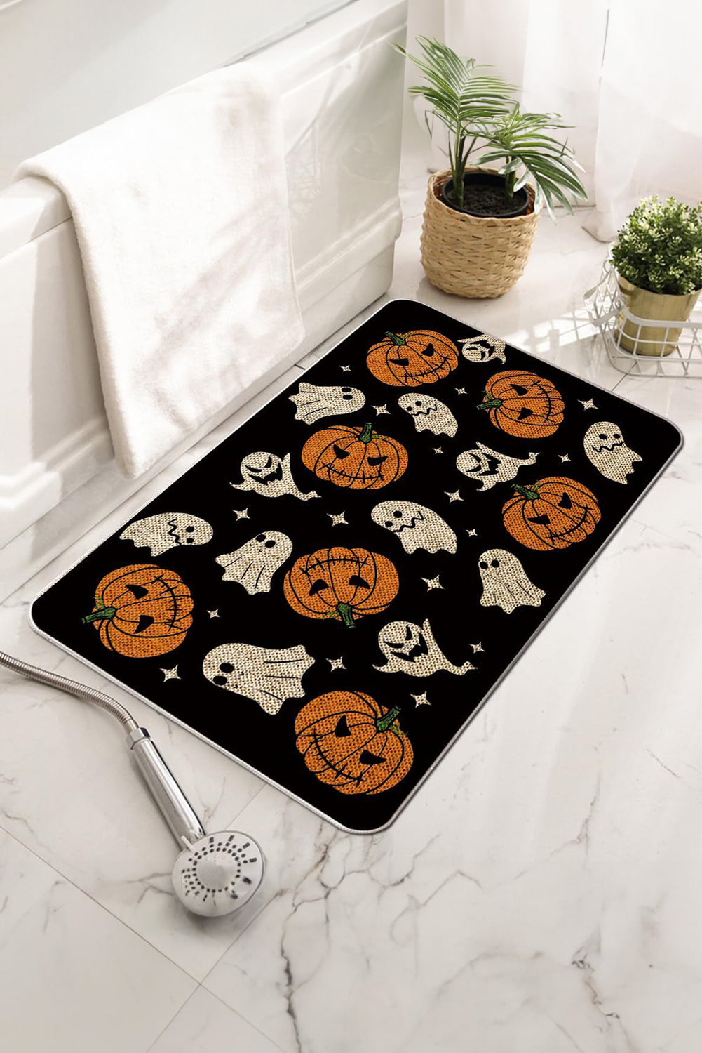 Black Halloween Pumpkin Ghost Door Mat