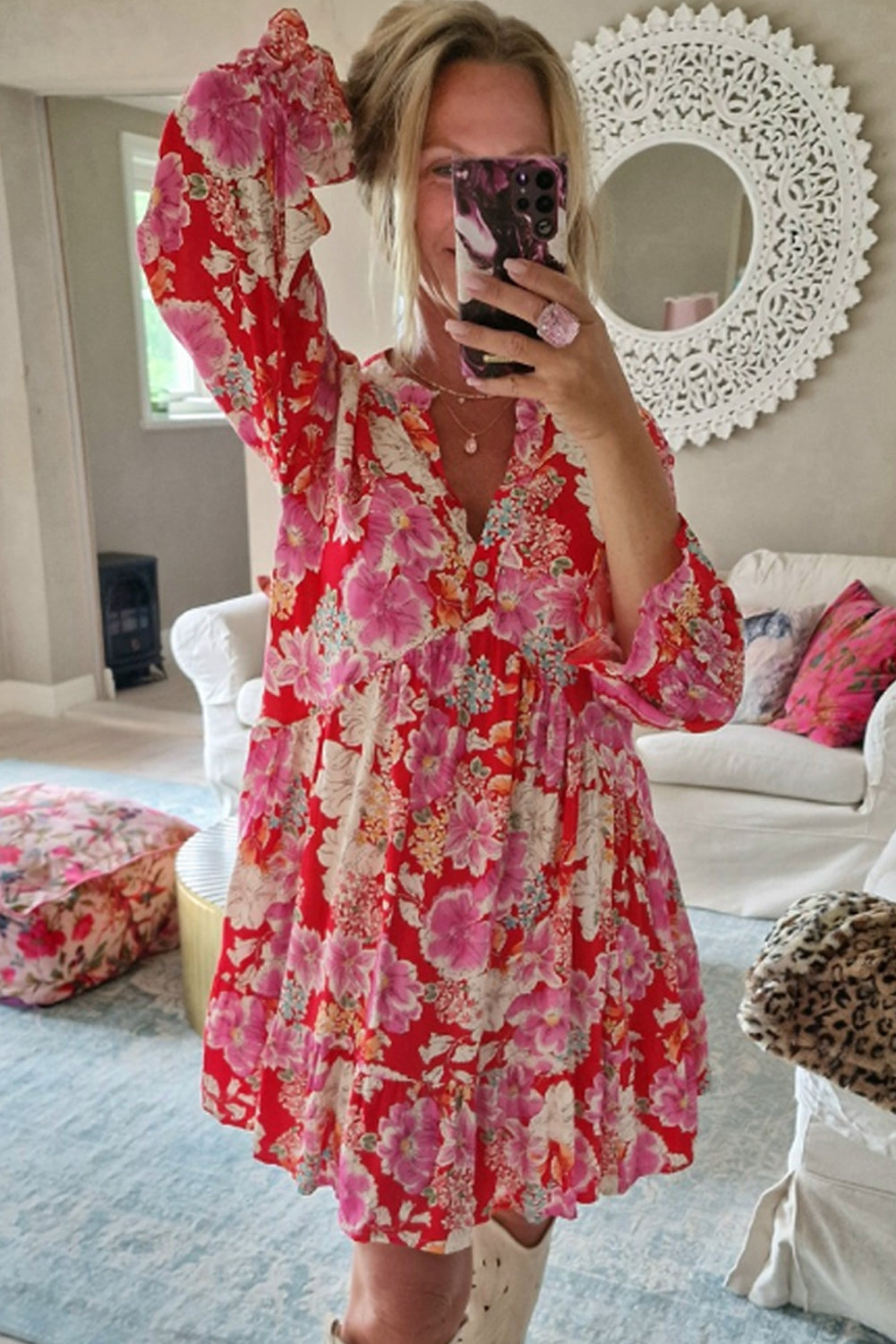 Red Floral Print V Neck Dress