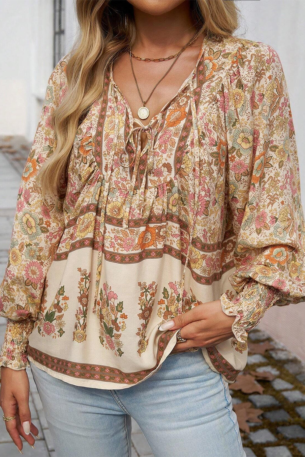 Floral Print Tie Neck Lantern Sleeve Blouse