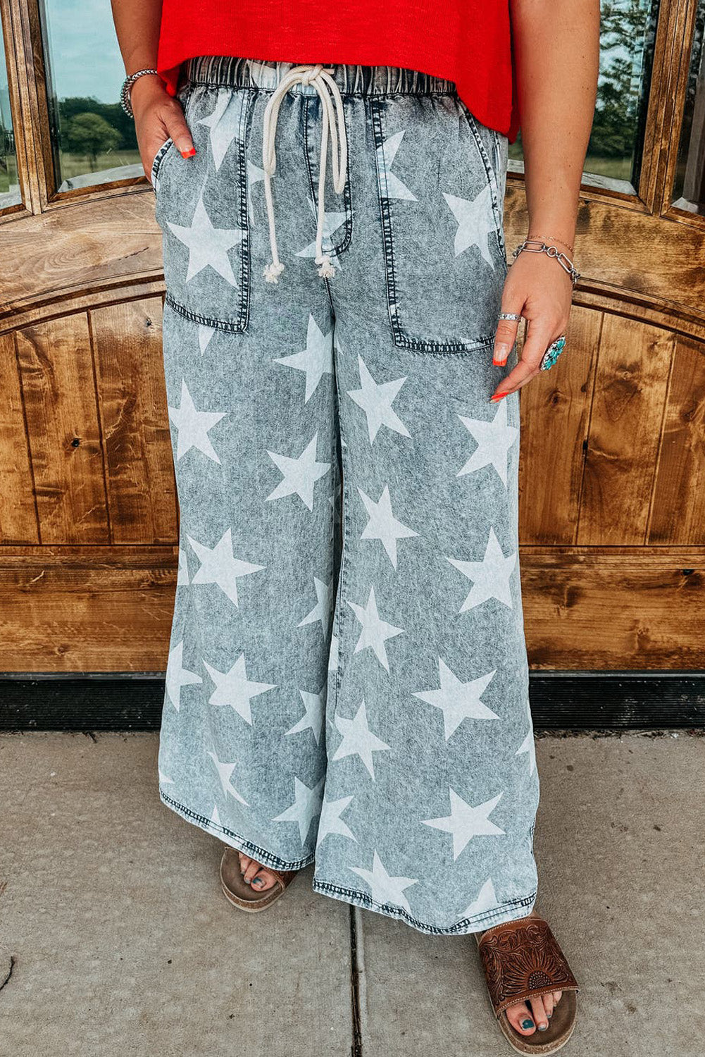 Light Blue Star Print Drawstring Wide Leg Jeans