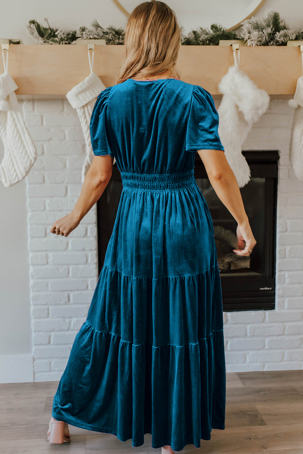 Blue Velvet Shirred Waist Tiered Maxi Dress