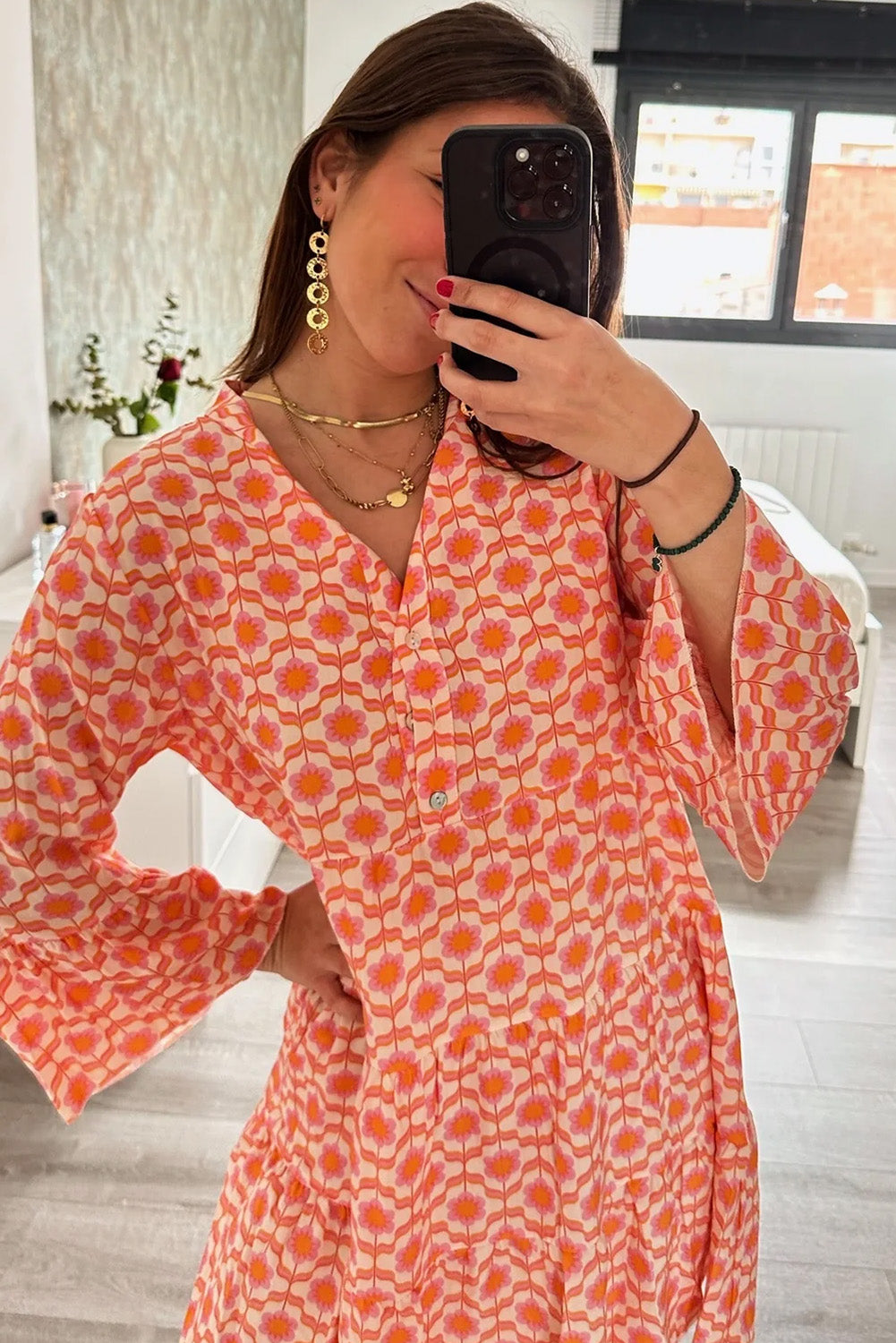 Orange V Neck Bell Sleeve Dress