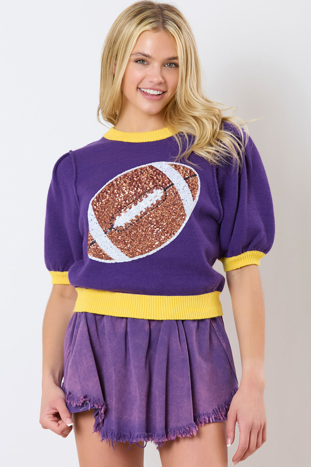 Sequin Football Puff Sleeve Knit Top