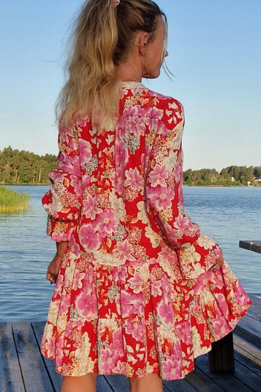 Red Floral Print V Neck Dress