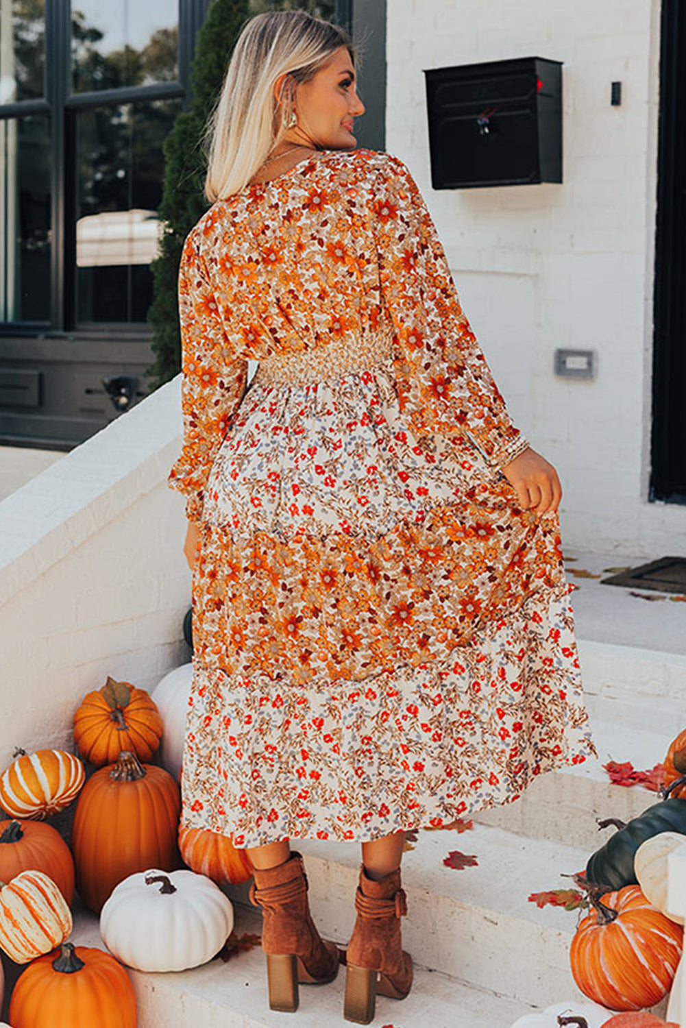 Floral Print Ruffled Tiered Long Sleeve V Neck Midi Dress - Plus