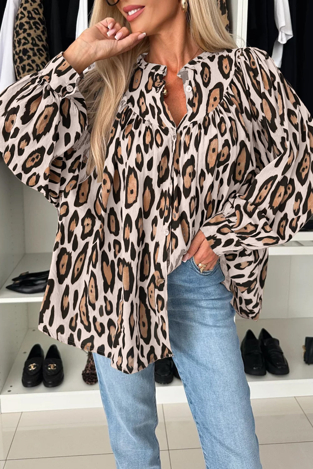 Leopard Print Balloon Sleeve Loose Blouse