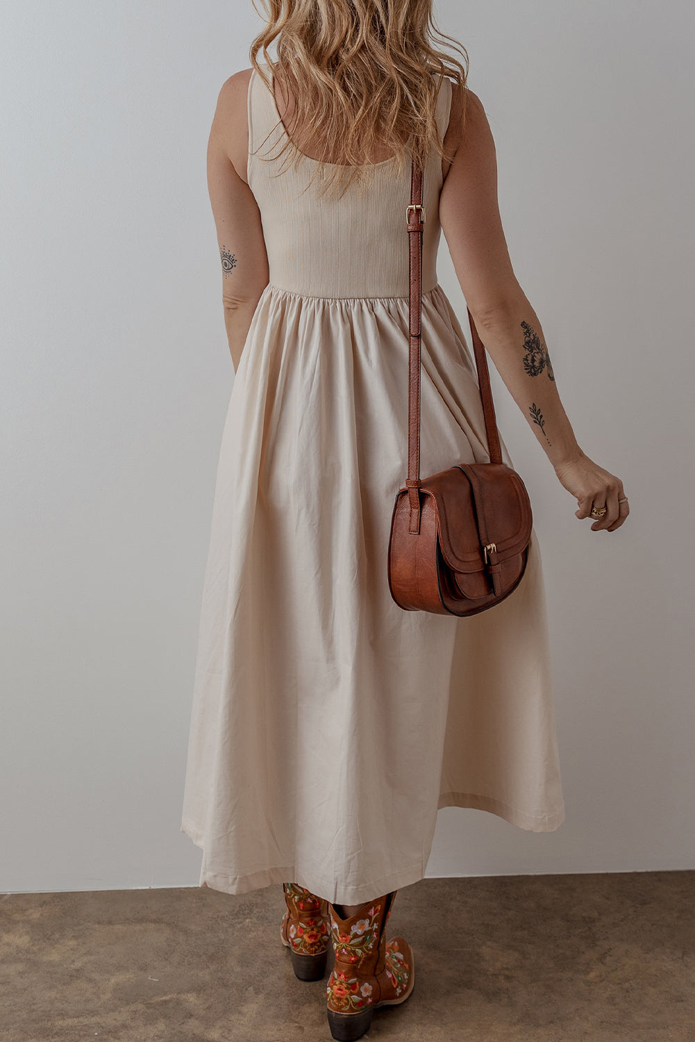 Beige Scoop Neck Midi Sundress