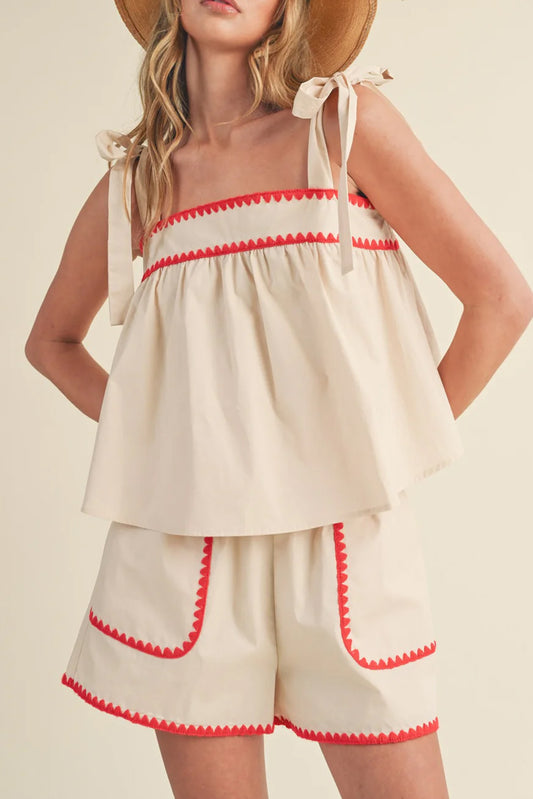 White Geometric Trim Top and Shorts Set