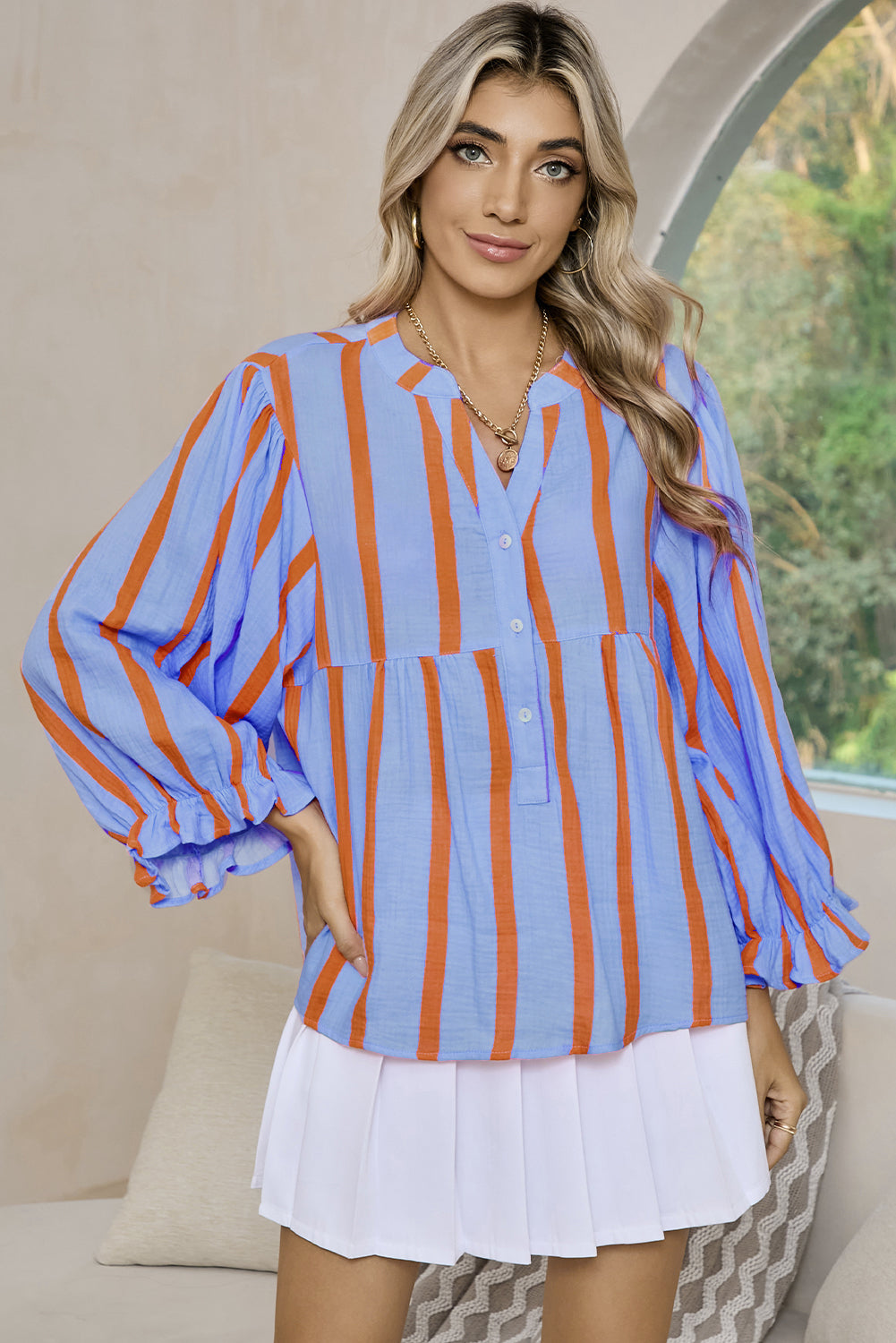 Stripe Crinkle Ruffle Sleeve Top