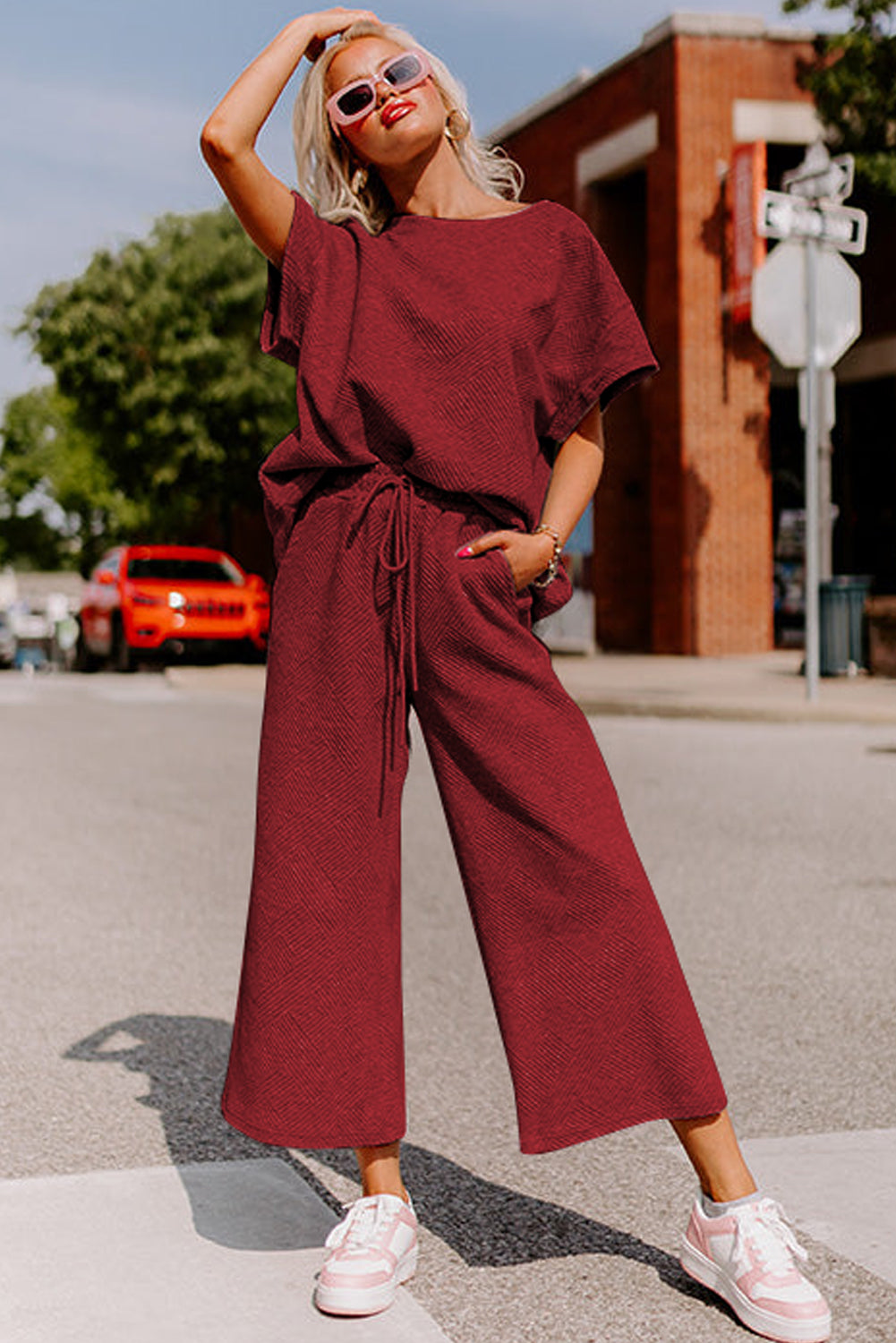 Textured Loose Fit T Shirt and Drawstring Pants Set