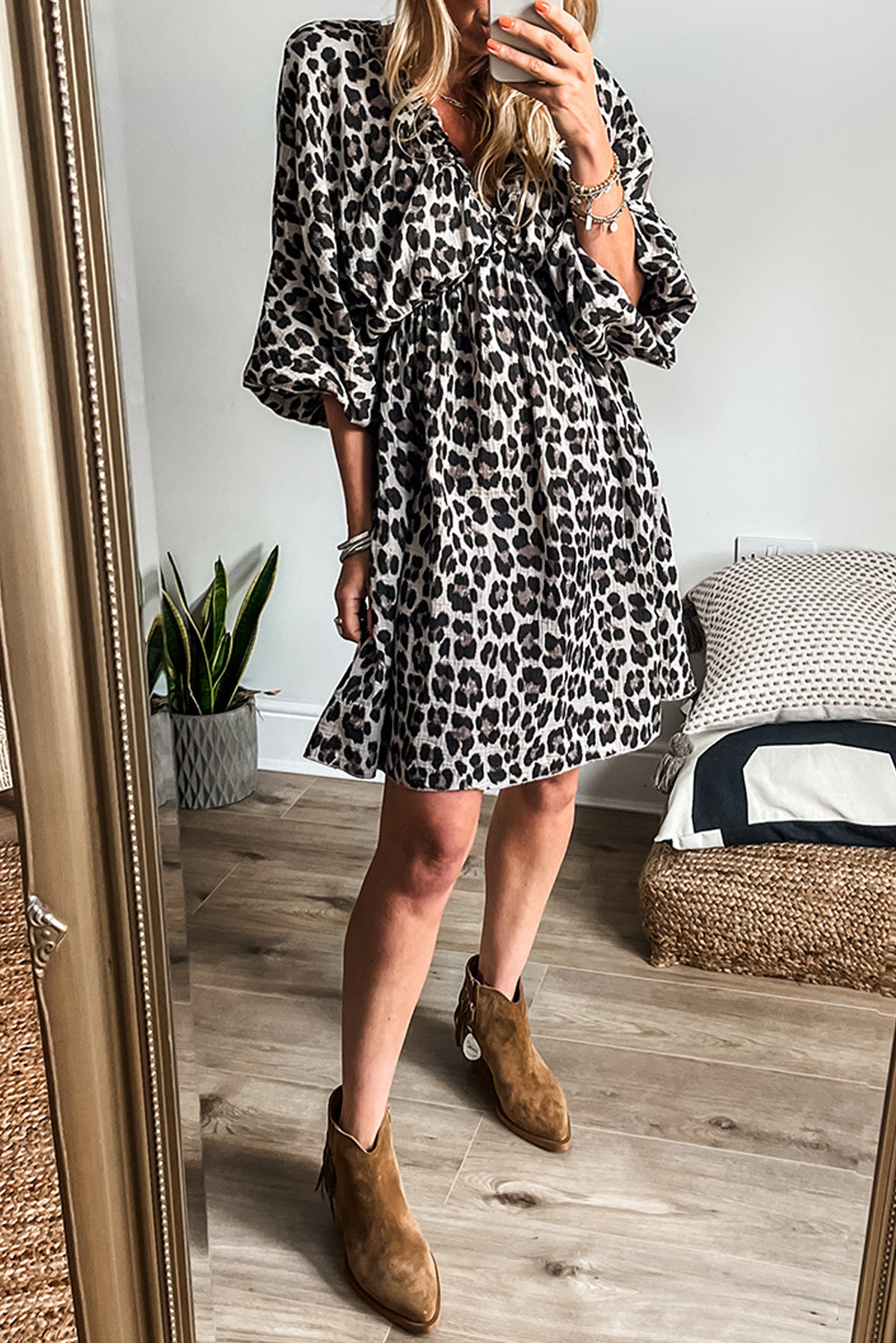 Leopard Print 3/4 Sleeve Dress