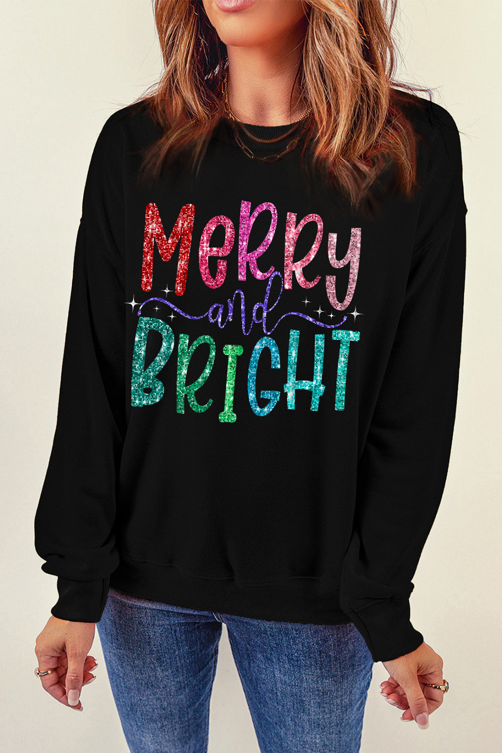 Black Glittering Merry and Bright Christmas Sweatshirt