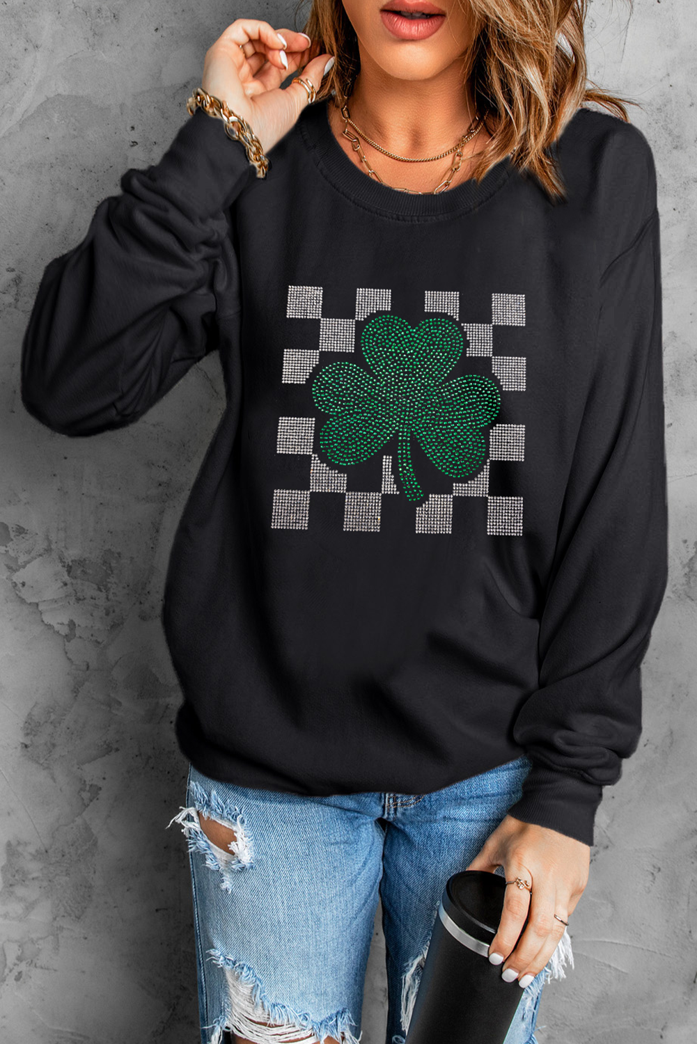 Black Rhinestone Checkerboard Shamrock Sweatshirt