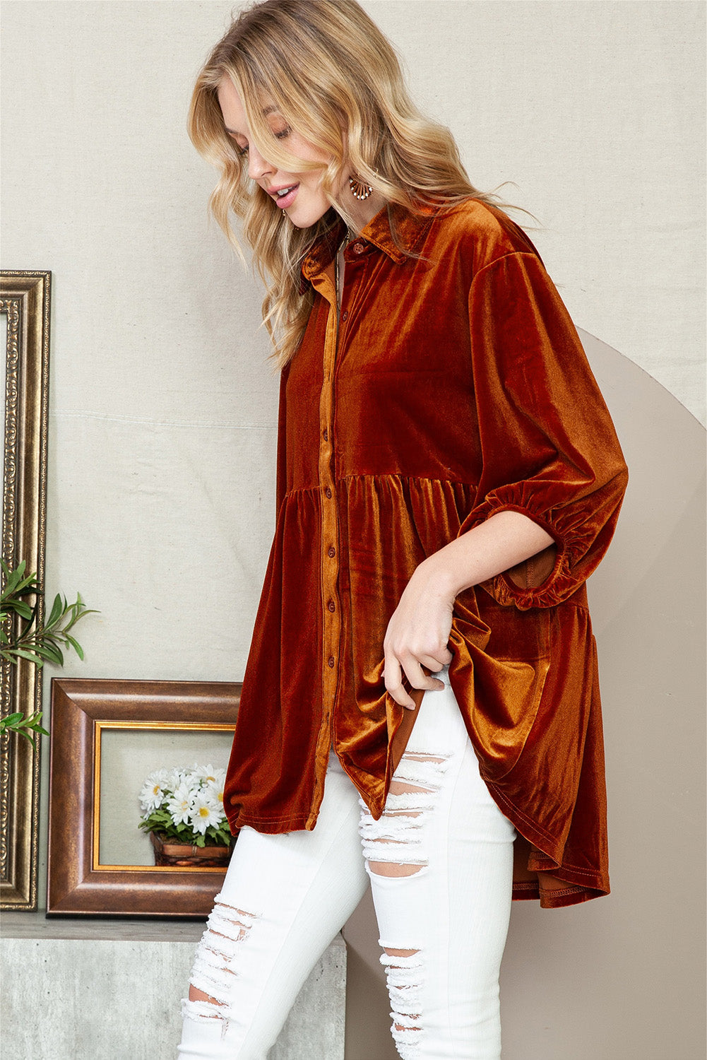 Lantern Sleeve Tunic Babydoll Velvet Shirt