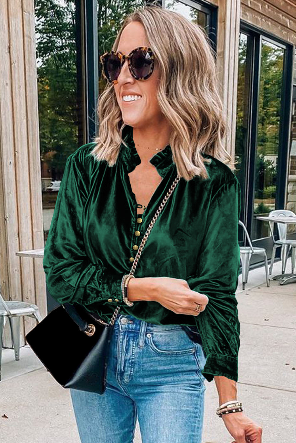 V Neck Buttoned Velvet Blouse