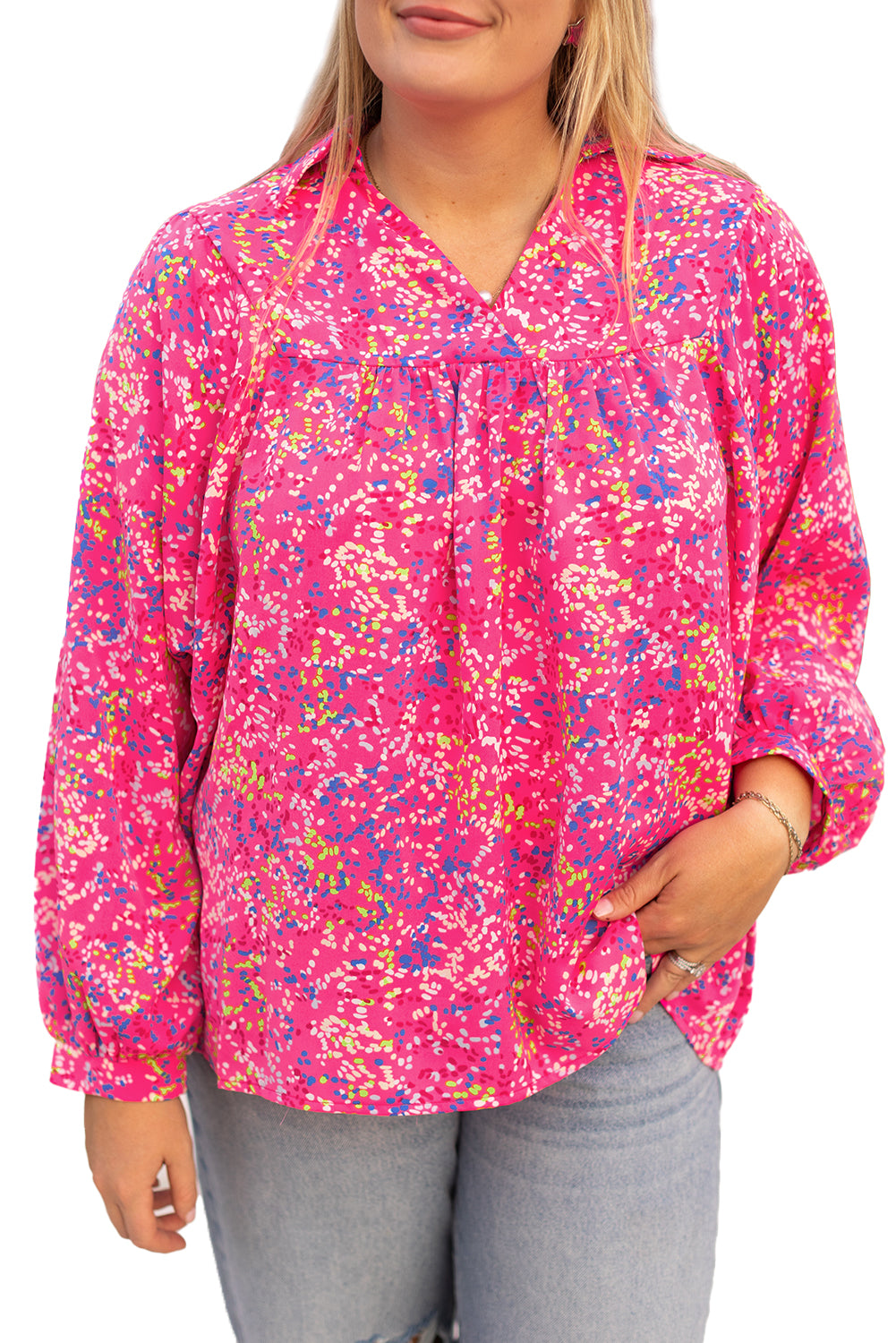 Abstract Print Puff Sleeve V Neck Plus Size Blouse