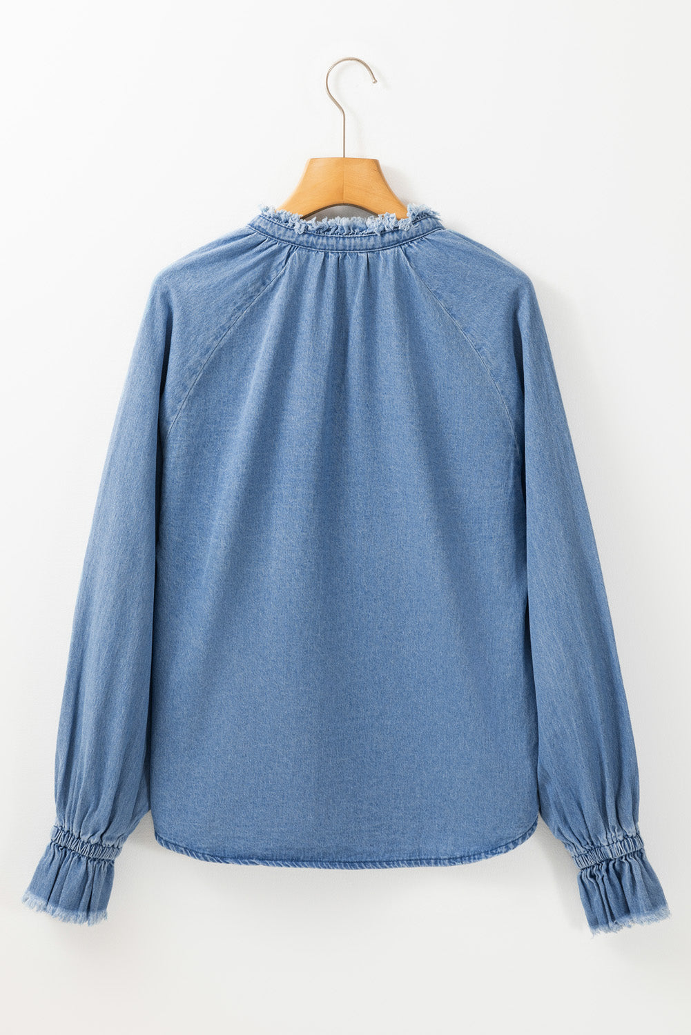 Frilled Half Buttoned Denim Blouse