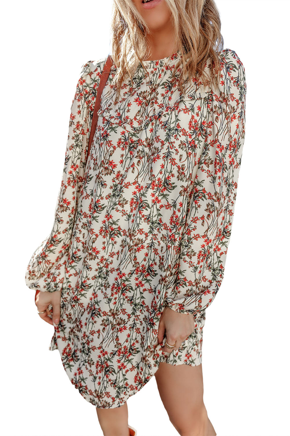 White Floral Printed Long Sleeve Dress