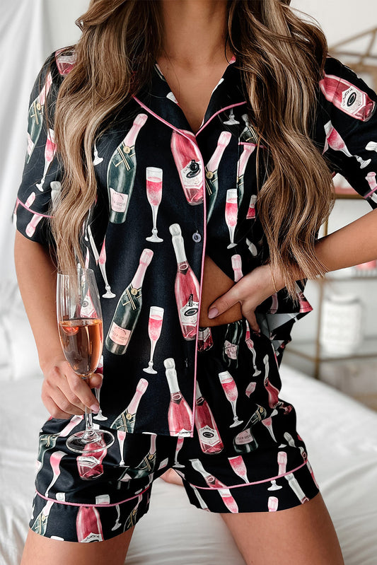 Black Champagne Print Pajamas Set