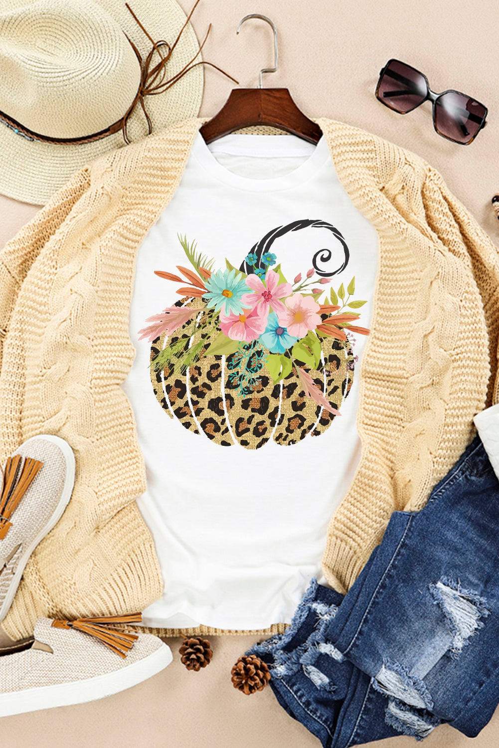 White Floral Leopard Pumpkin T Shirt