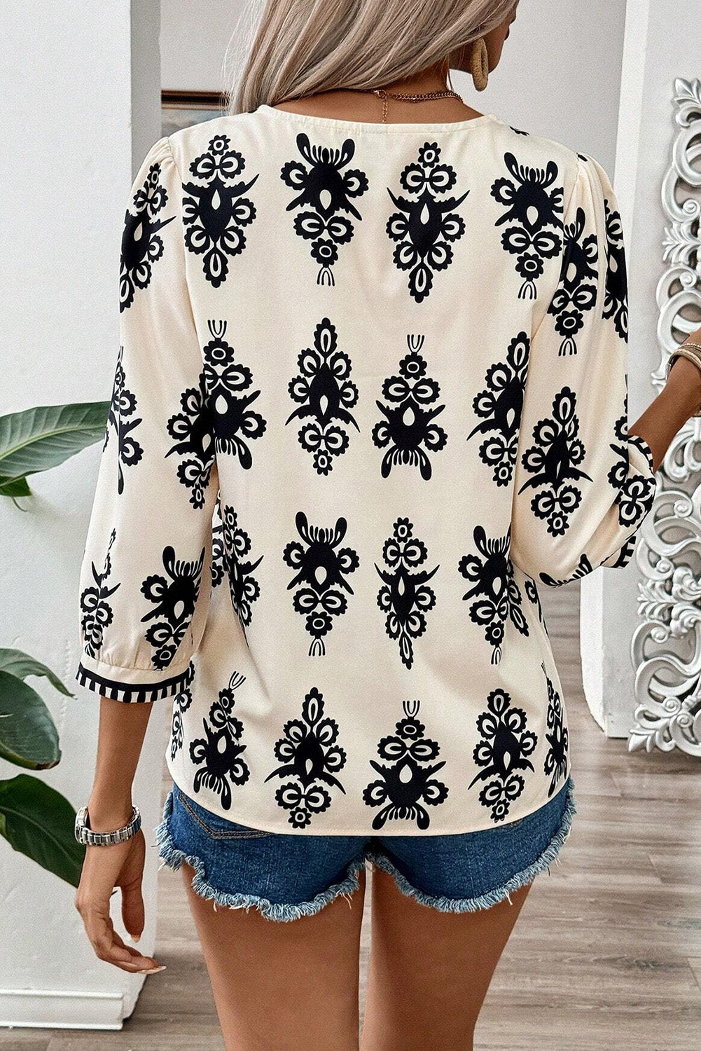 Ethnic Print V-Neck Blouse