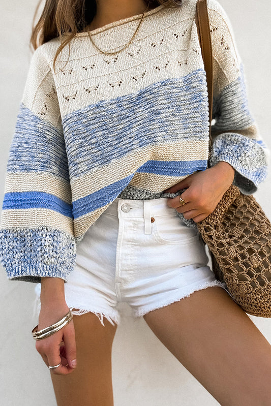 Light Blue Striped Crocheted Sweater