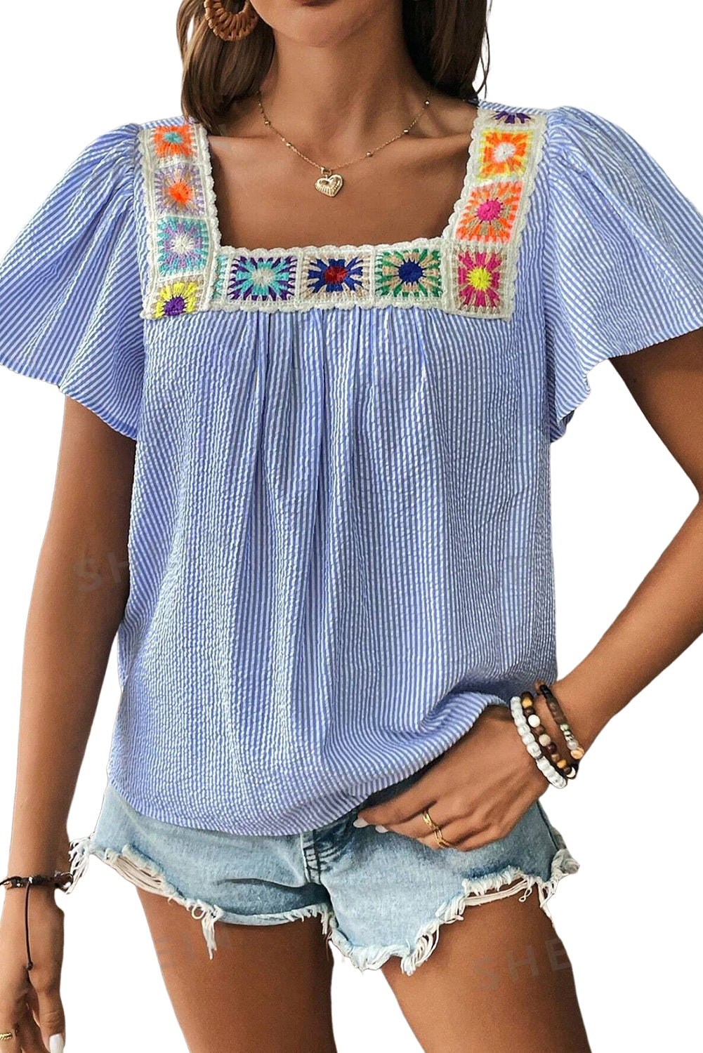 Seersucker Crochet Boho Blouse