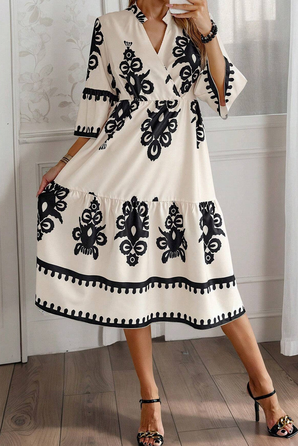 Black Print 3/4 Sleeve Loose Midi Dress