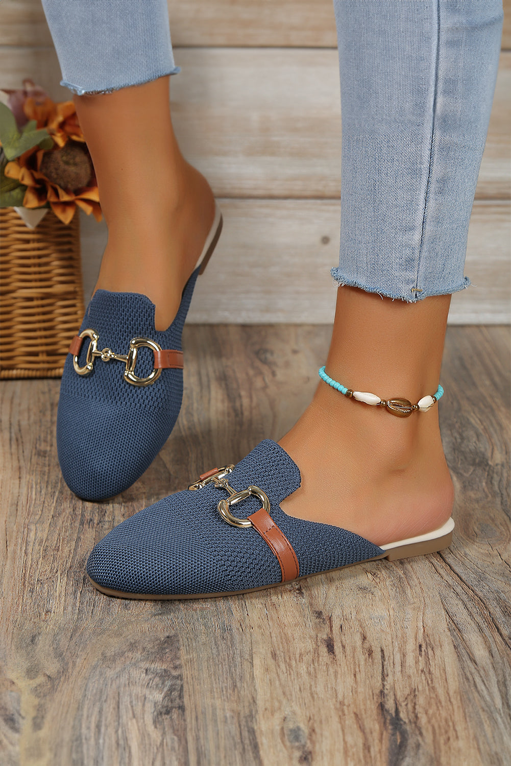 Sky Blue Leather Strap Buckle Slip On Flats