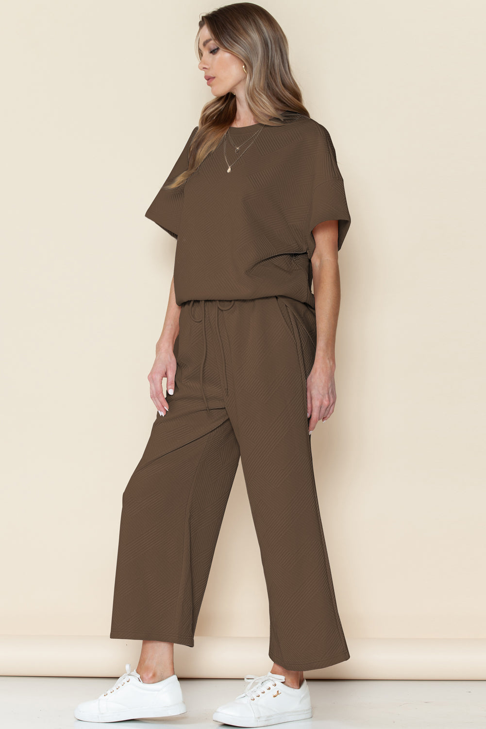 Textured Loose Fit T Shirt and Drawstring Pants Set