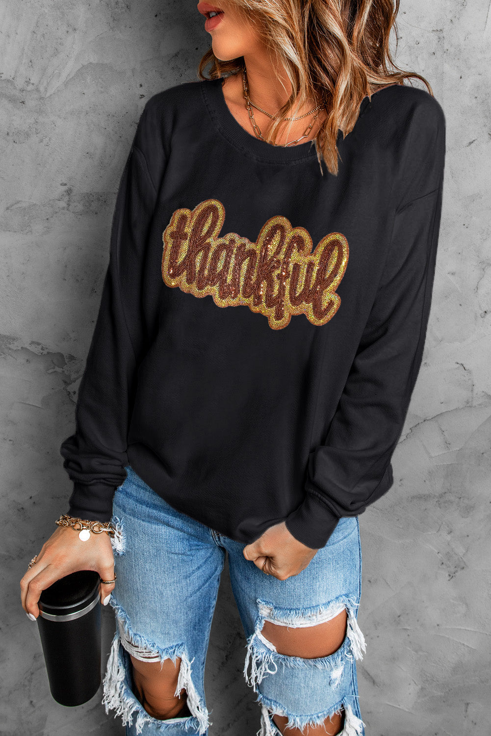 Black thankful Sequin Sweatshirt