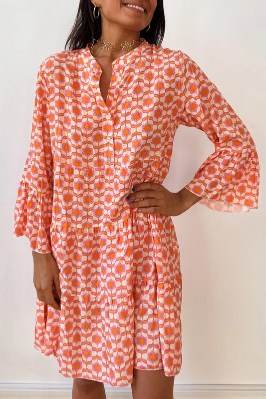 Orange V Neck Bell Sleeve Dress