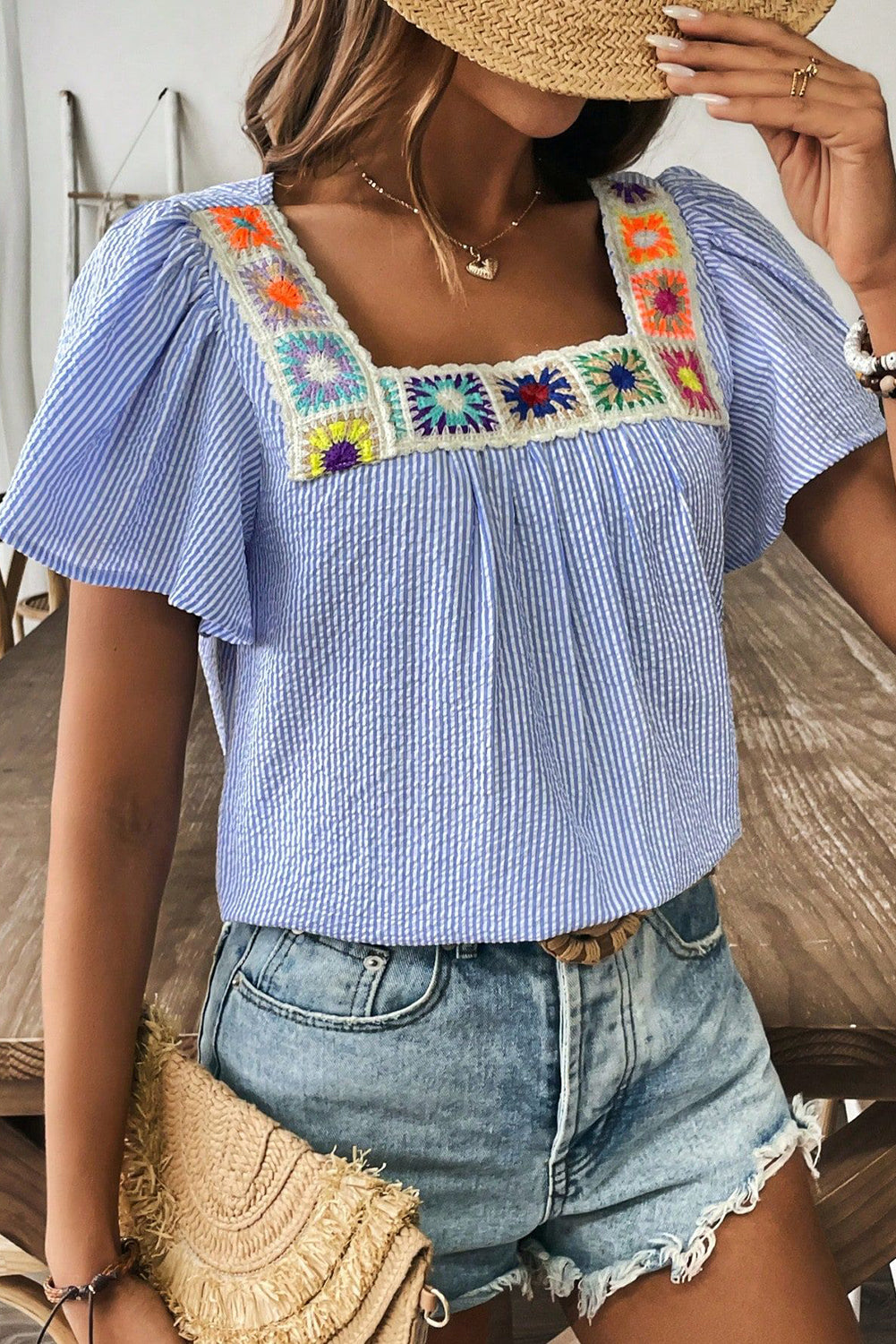 Seersucker Crochet Boho Blouse