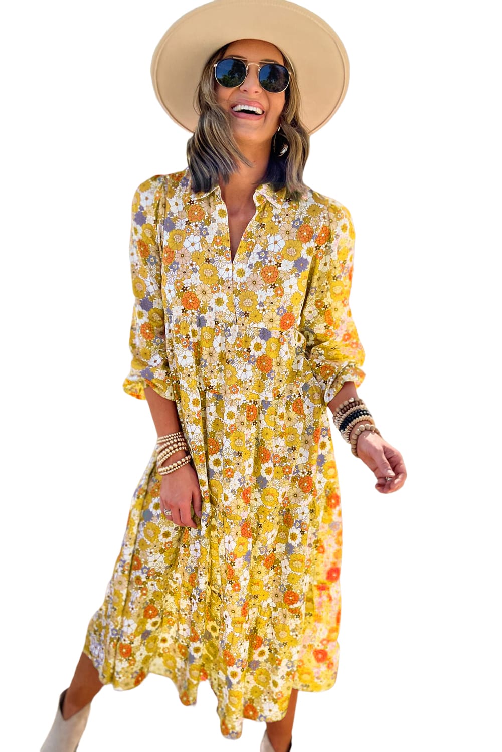 Boho Floral Collared Long Sleeve Dress