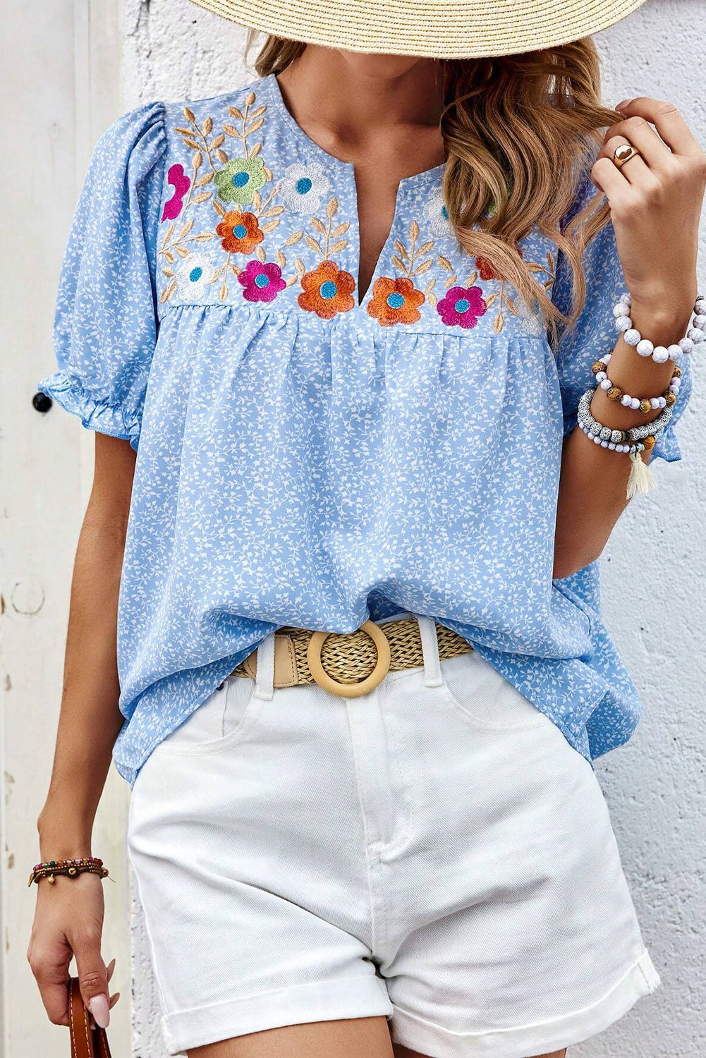 Floral Embroidered Puff Sleeve Blouse