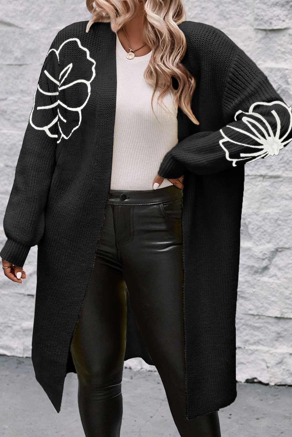 Flower Embroidery Open Front Duster Cardigan