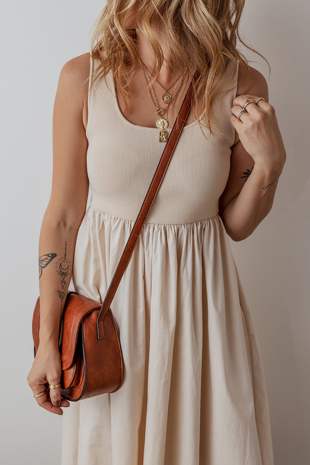 Beige Scoop Neck Midi Sundress