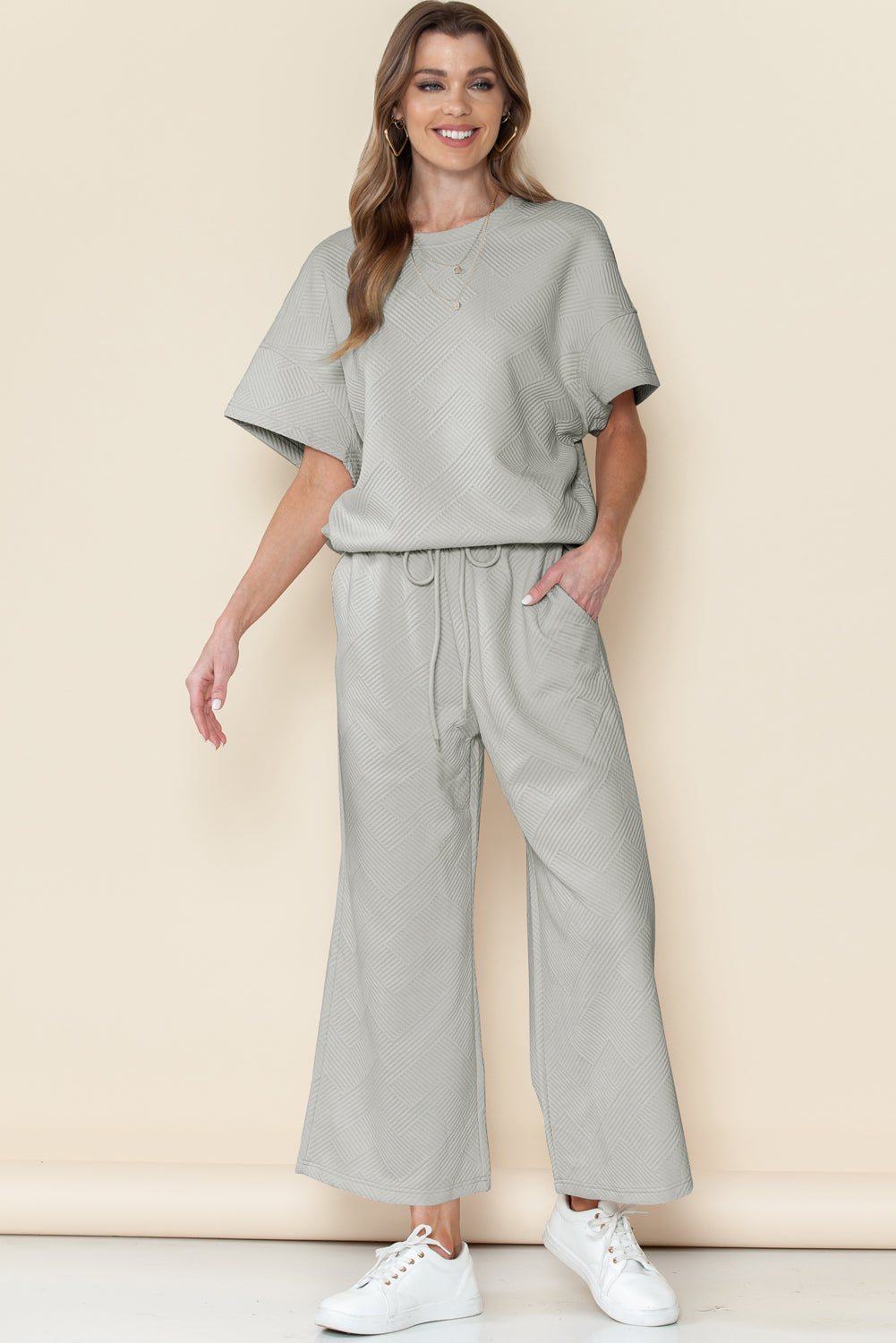 Textured Loose Fit T Shirt and Drawstring Pants Set