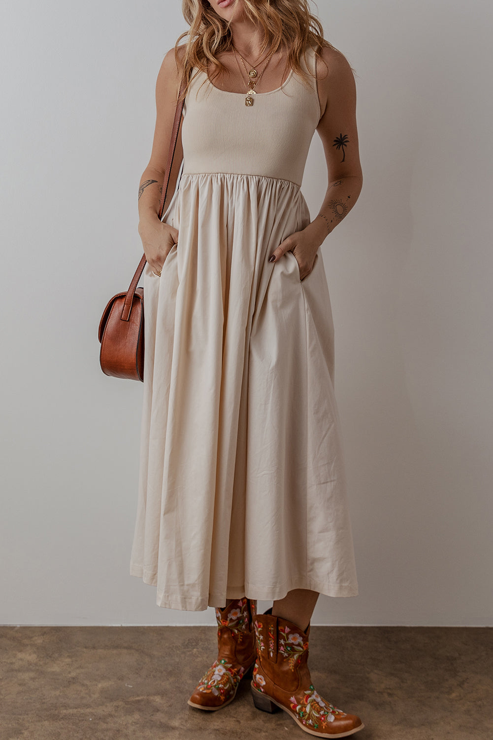 Beige Scoop Neck Midi Sundress